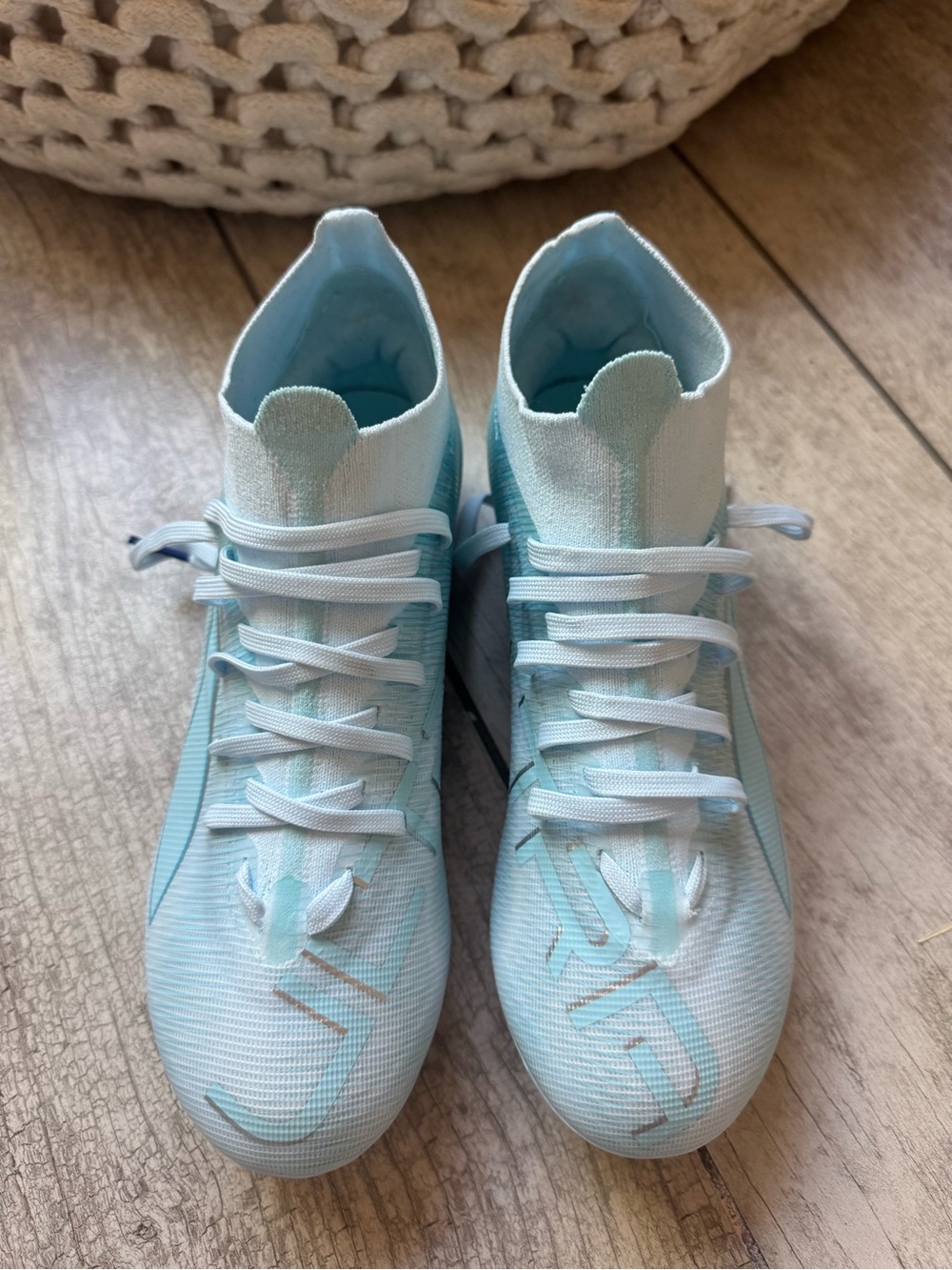 Puma Light Blue Soccer Cleats with Mid-Top Knit Collar